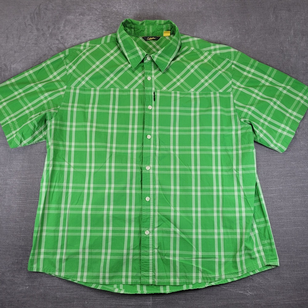 Cabelas Button Up Shirt Mens 2XL Green Plaid Short Sleeve Outdoor Utility